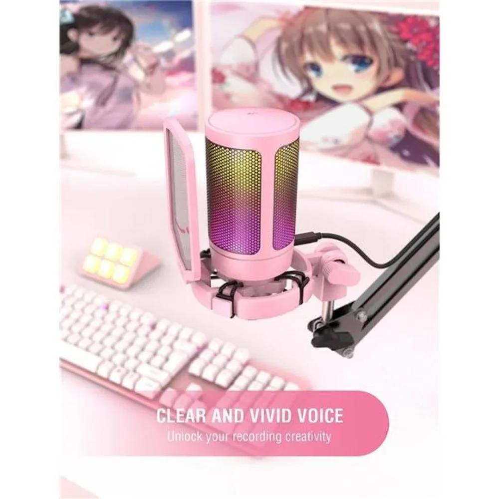 USB Gaming PC Microphone for Streaming Podcasts,AmpliGame RGB Computer Condenser